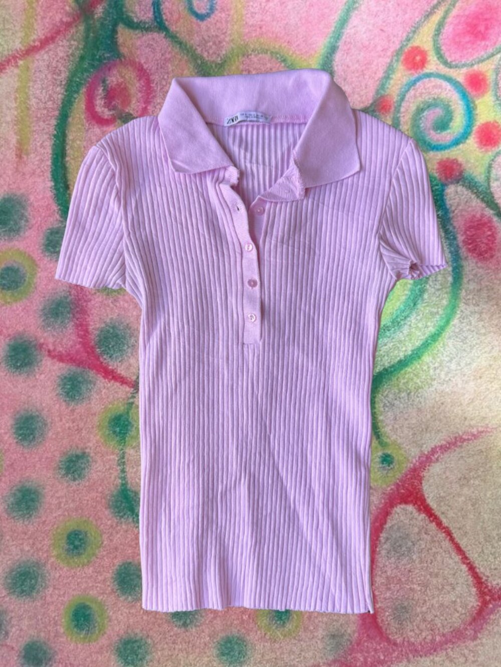 ZARA Ribbed Light Pink Polo Top XS Button Up Fitted Y2K Baby Tee
